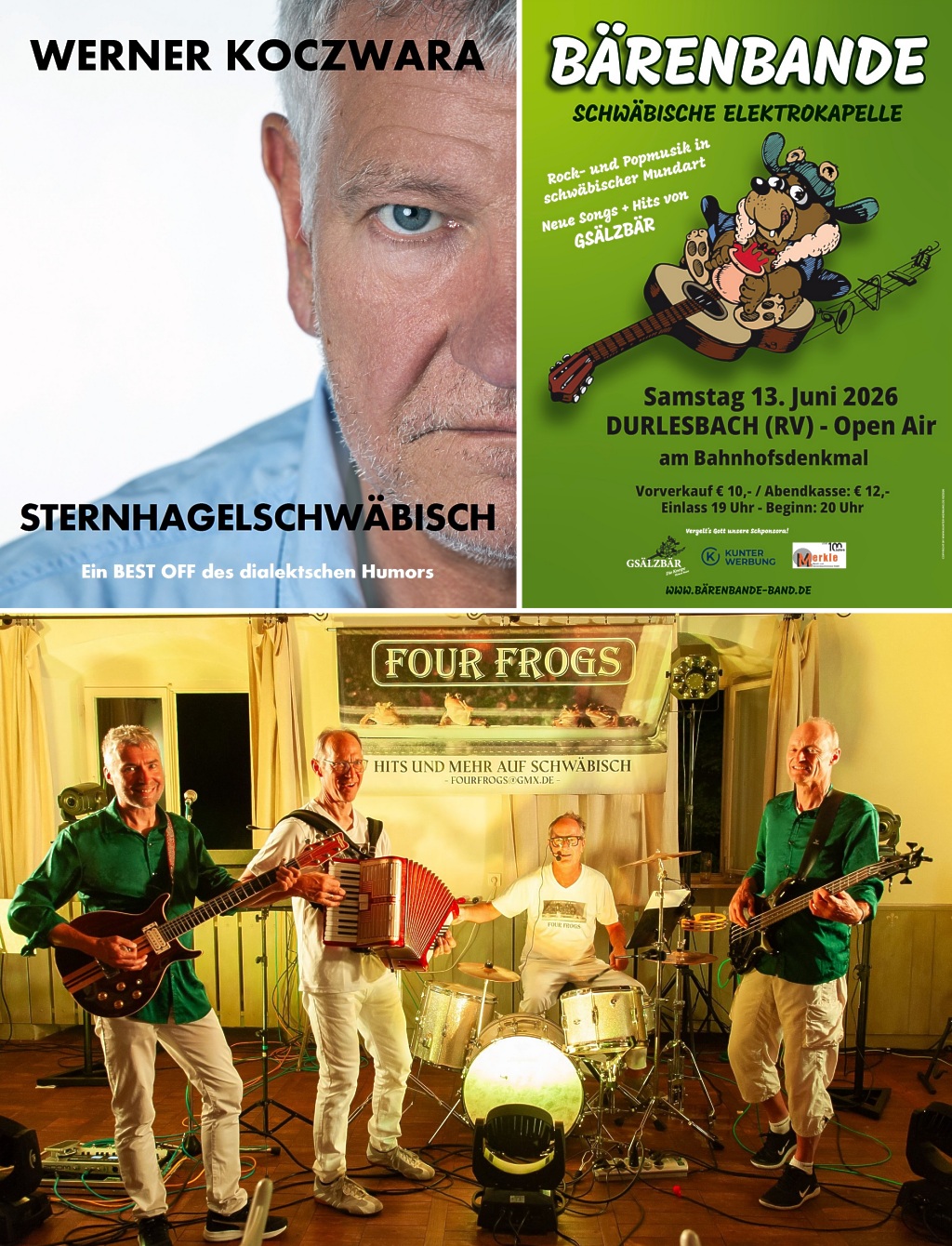 Das Bild zeigt das Plakat zum OpenAir 2026 mit Werner Koczwara am 12.06.2026, der Waldseer Musikband Four Frogs am 12.06.2026 und der Band B&auml;renbande am 13.06.2026.