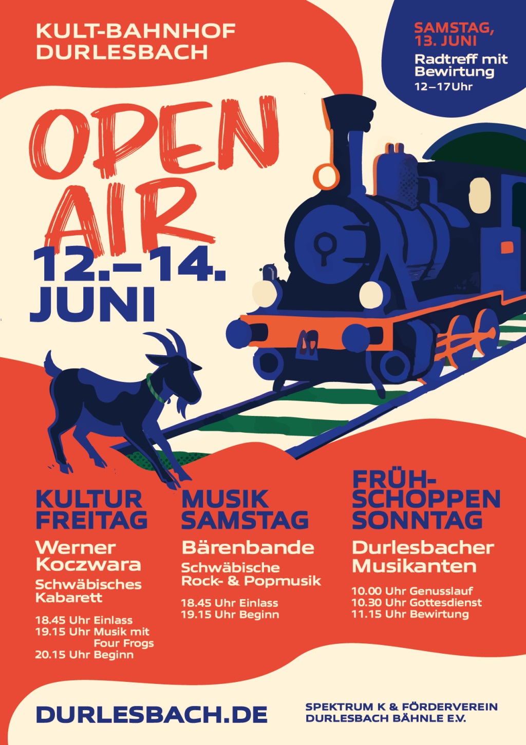 Das Bild zeigt das allgemeine Plakat zum OpenAir 2026 mit dem Programm: Werner Koczwara am 12.06.2026, der Waldseer Musikband Four Frogs am 12.06.2026 und der Band B&auml;renbande am 13.06.2026 sowie Genusslauf, Gottesdienst und Fr&uuml;hschoppen am 14.06.2026