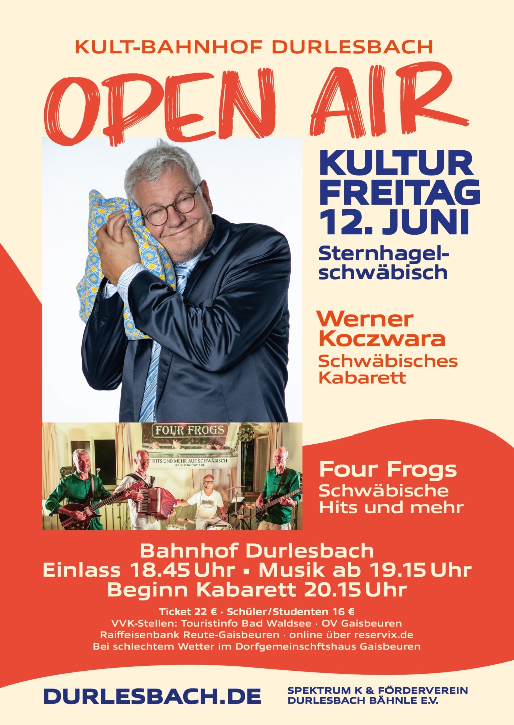 Das Bild zeigt das Plakat zum Kulturfreitag zum OpenAir 2026 mit Werner Koczwara am 12.06.2026 und der Waldseer Musikband Four Frogs